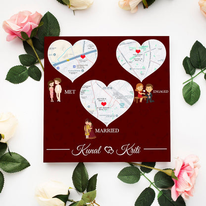 Love Map Trio Wood Print with Personalized Three Place Design - Sblossom