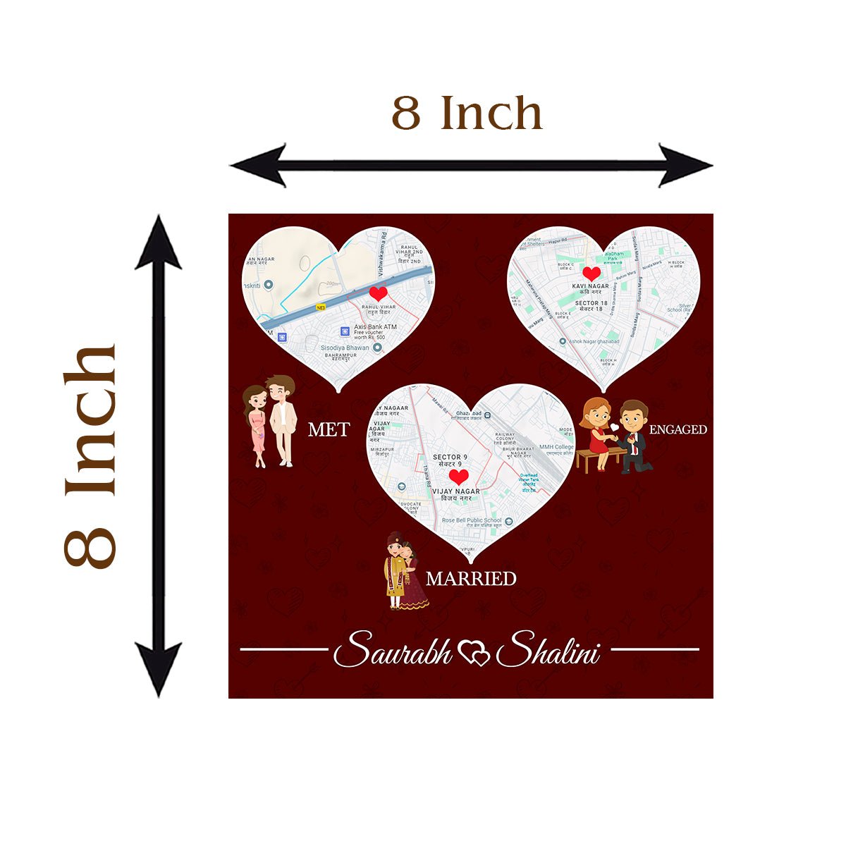 Love Map Trio Wood Print with Personalized Three Place Design - Sblossom