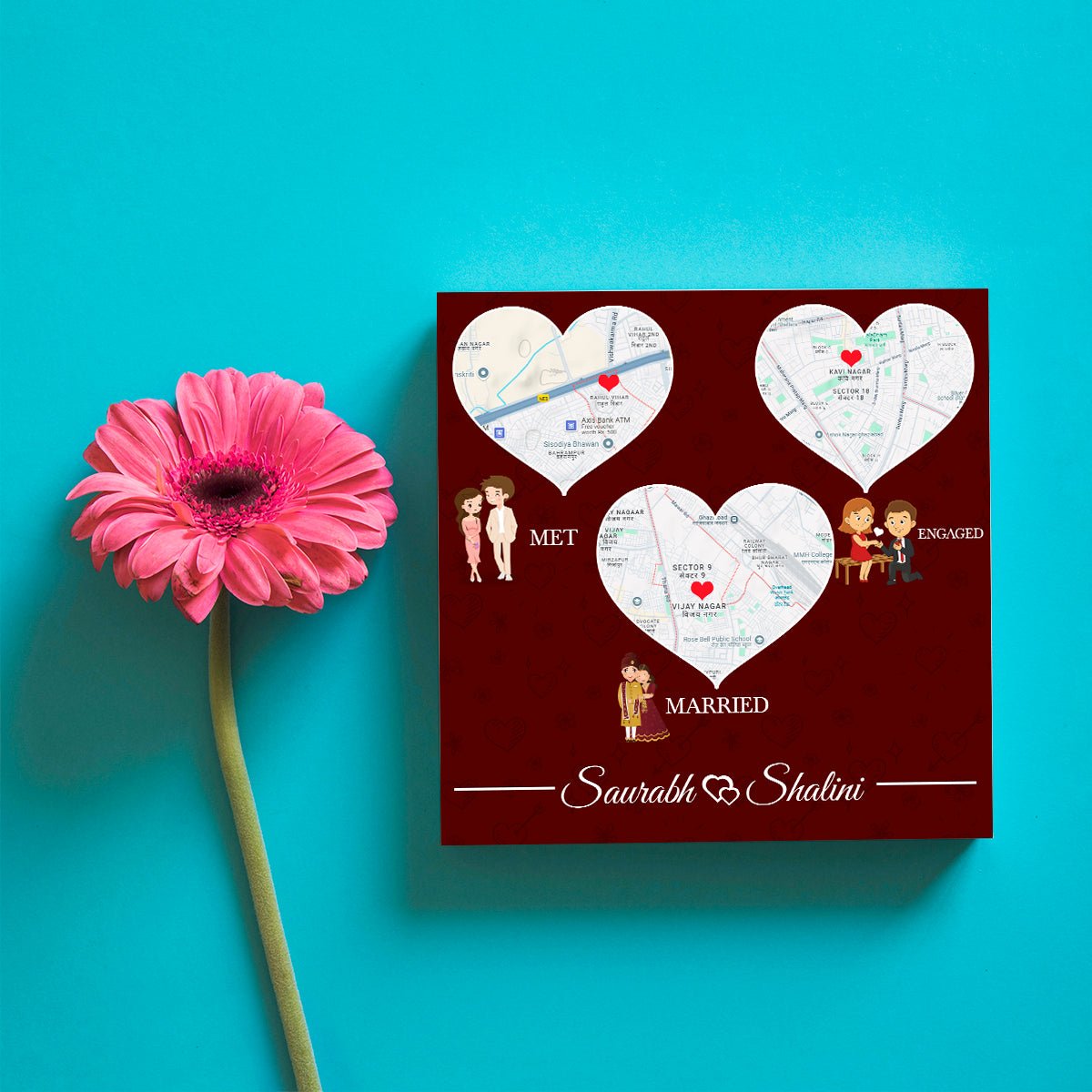 Love Map Trio Wood Print with Personalized Three Place Design - Sblossom