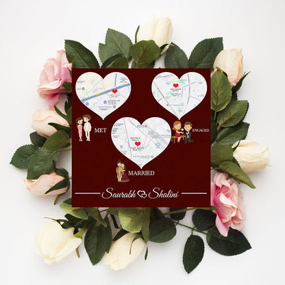 Love Map Trio Wood Print with Personalized Three Place Design - Sblossom