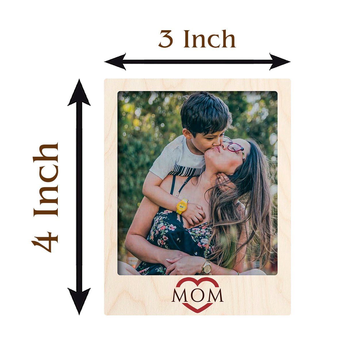 Love Mom Photo Magnet in Wood with Heart Cursive Print Design, 3x4 Inch - Sblossom