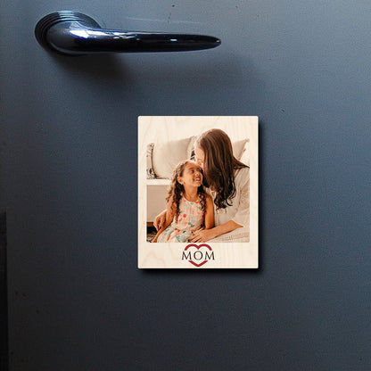 Love Mom Photo Magnet in Wood with Heart Cursive Print Design, 3x4 Inch - Sblossom