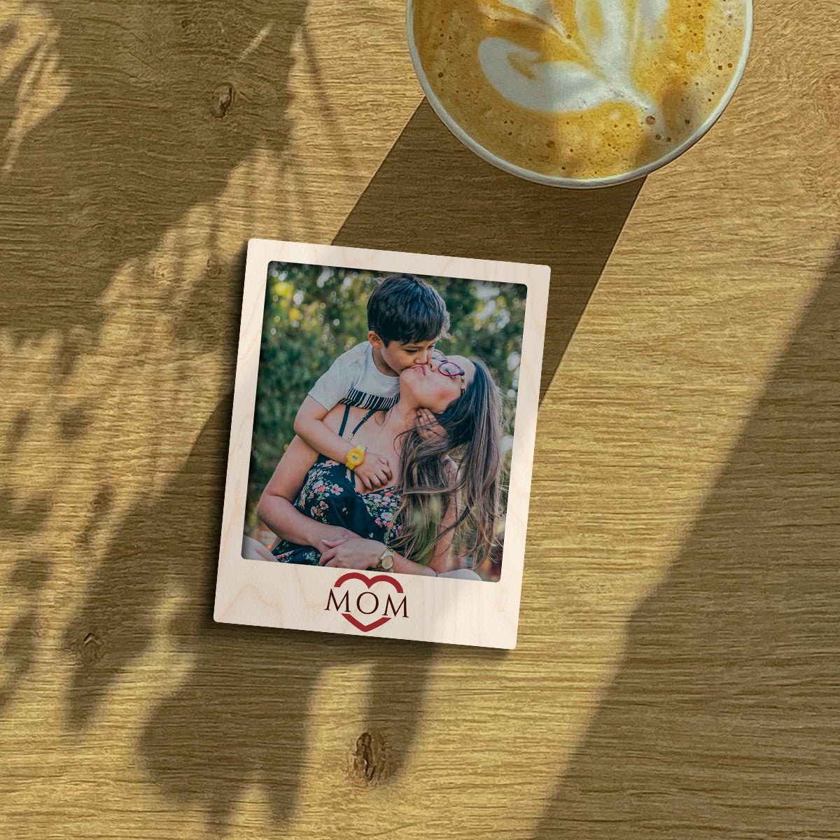 Love Mom Photo Magnet in Wood with Heart Cursive Print Design, 3x4 Inch - Sblossom