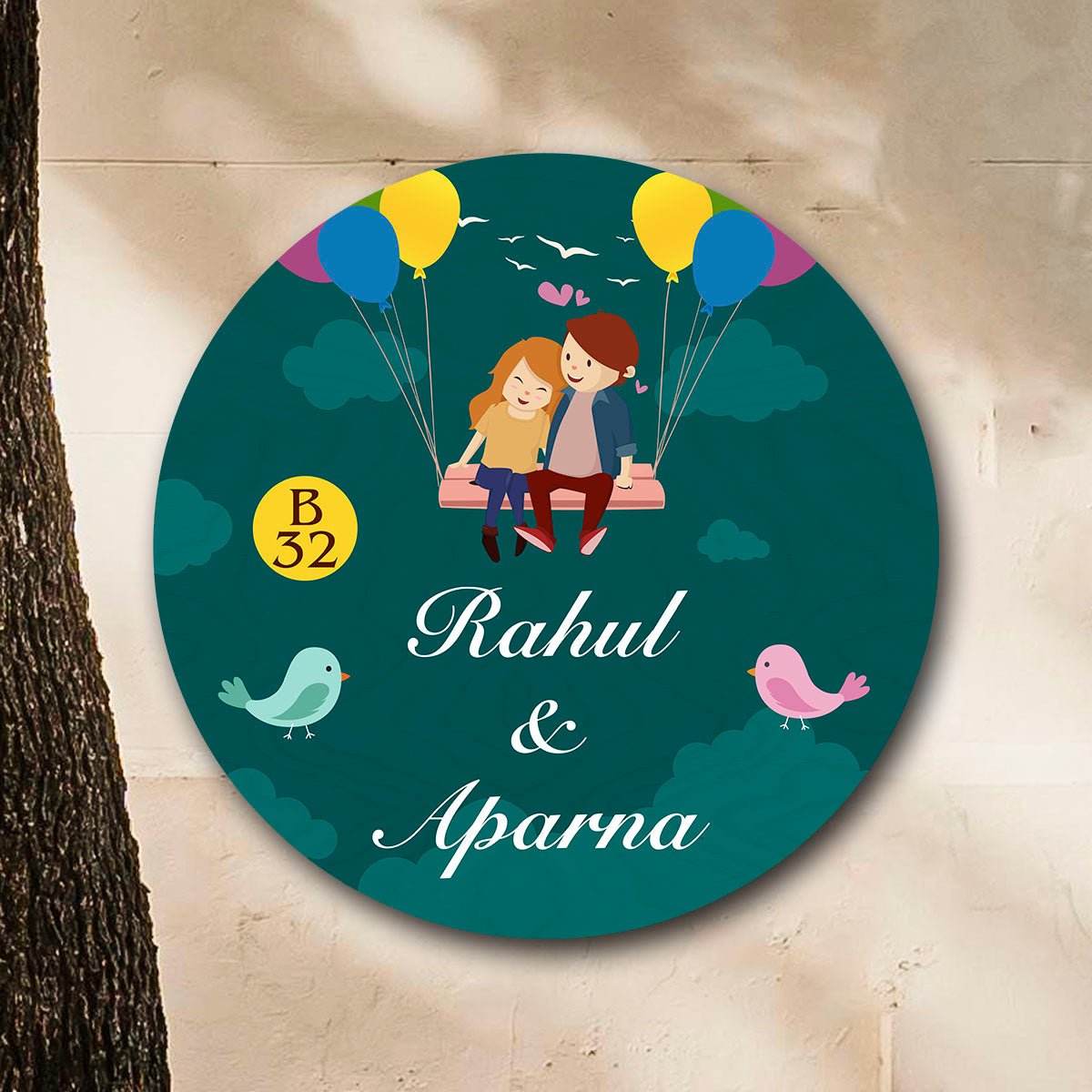Love Name Plate Design – Couple on Balloon Swing - Sblossom