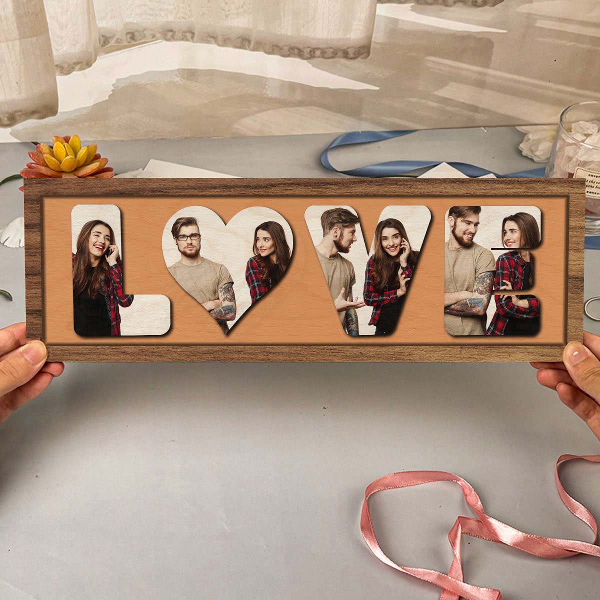 Love Photo Plaque in Wood with Personalized 3D Couple Photos - Sblossom