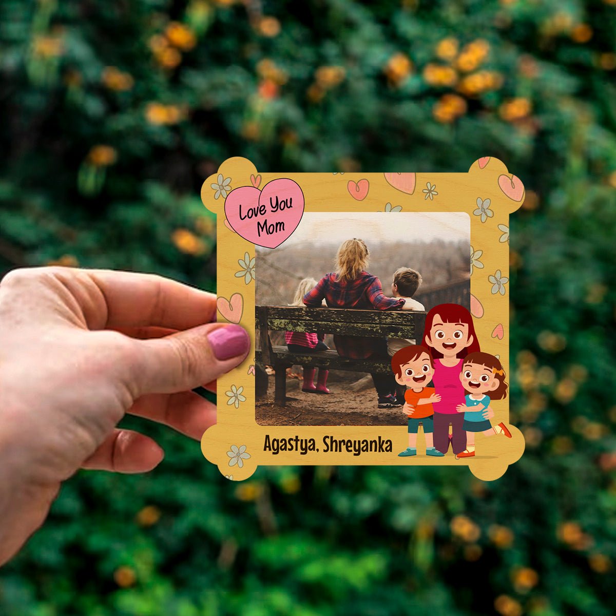 Love You Mom Fridge Magnet in Wood with Daisy Border Photo - Sblossom