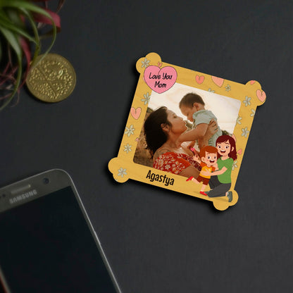 Love You Mom Fridge Magnet in Wood with Daisy Border Photo - Sblossom