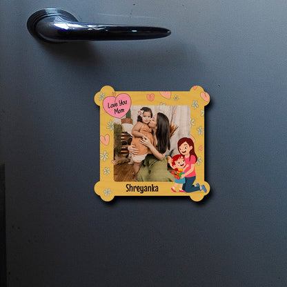 Love You Mom Fridge Magnet in Wood with Daisy Border Photo - Sblossom