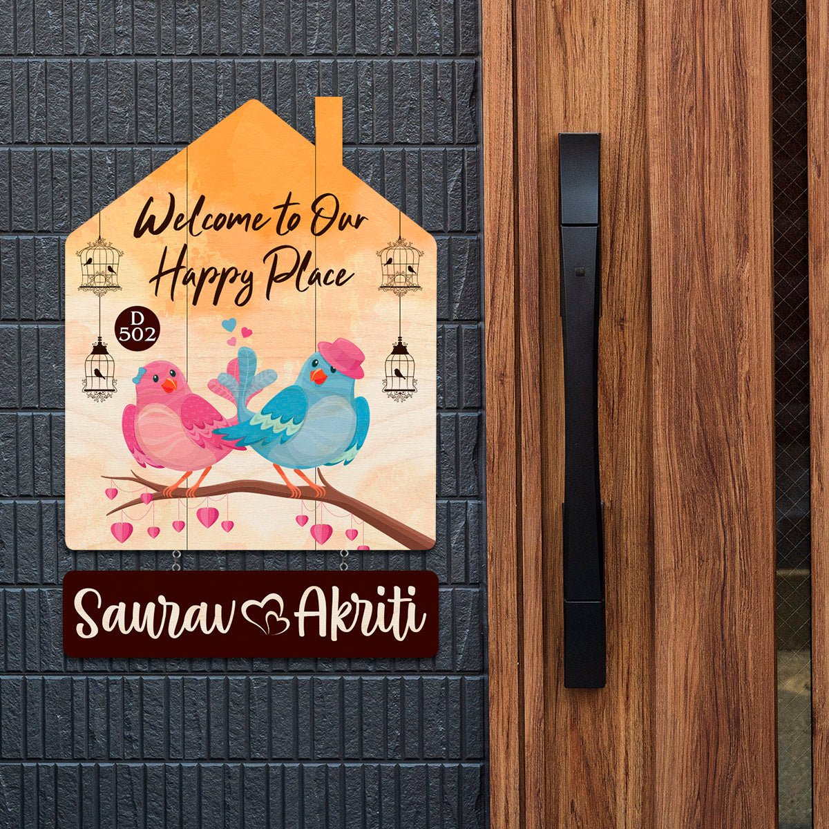 Lovebird Hut Marathi Name Plate with Floral Birds - Sblossom