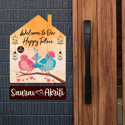 Lovebird Hut Marathi Name Plate with Floral Birds - Sblossom