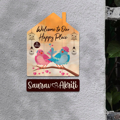Lovebird Hut Marathi Name Plate with Floral Birds - Sblossom