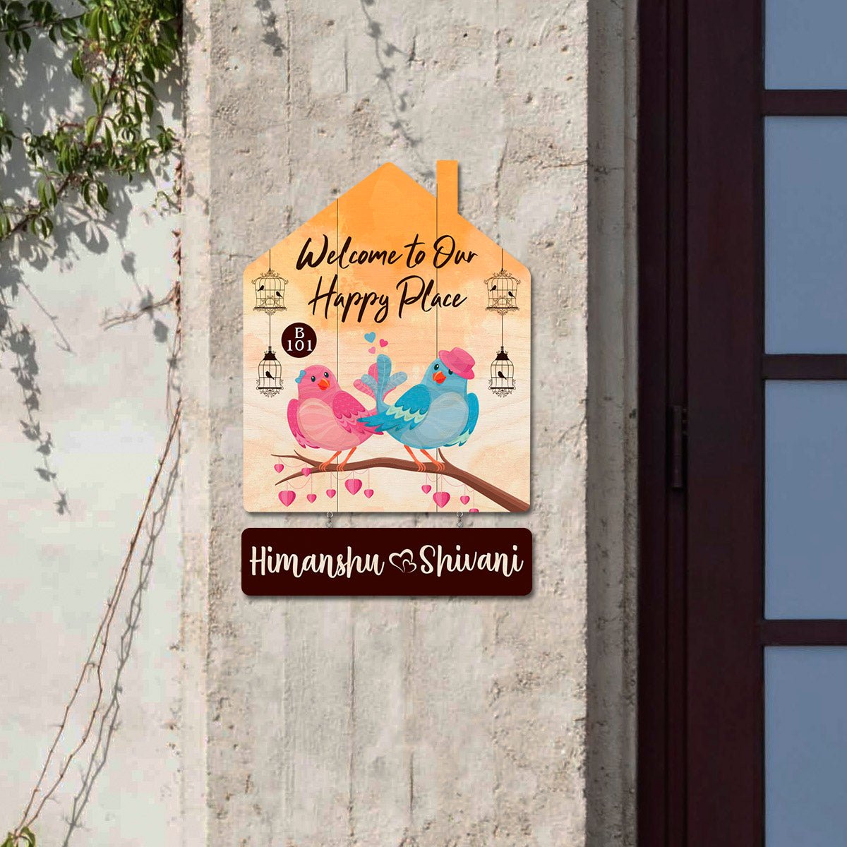 Lovebird Hut Marathi Name Plate with Floral Birds - Sblossom