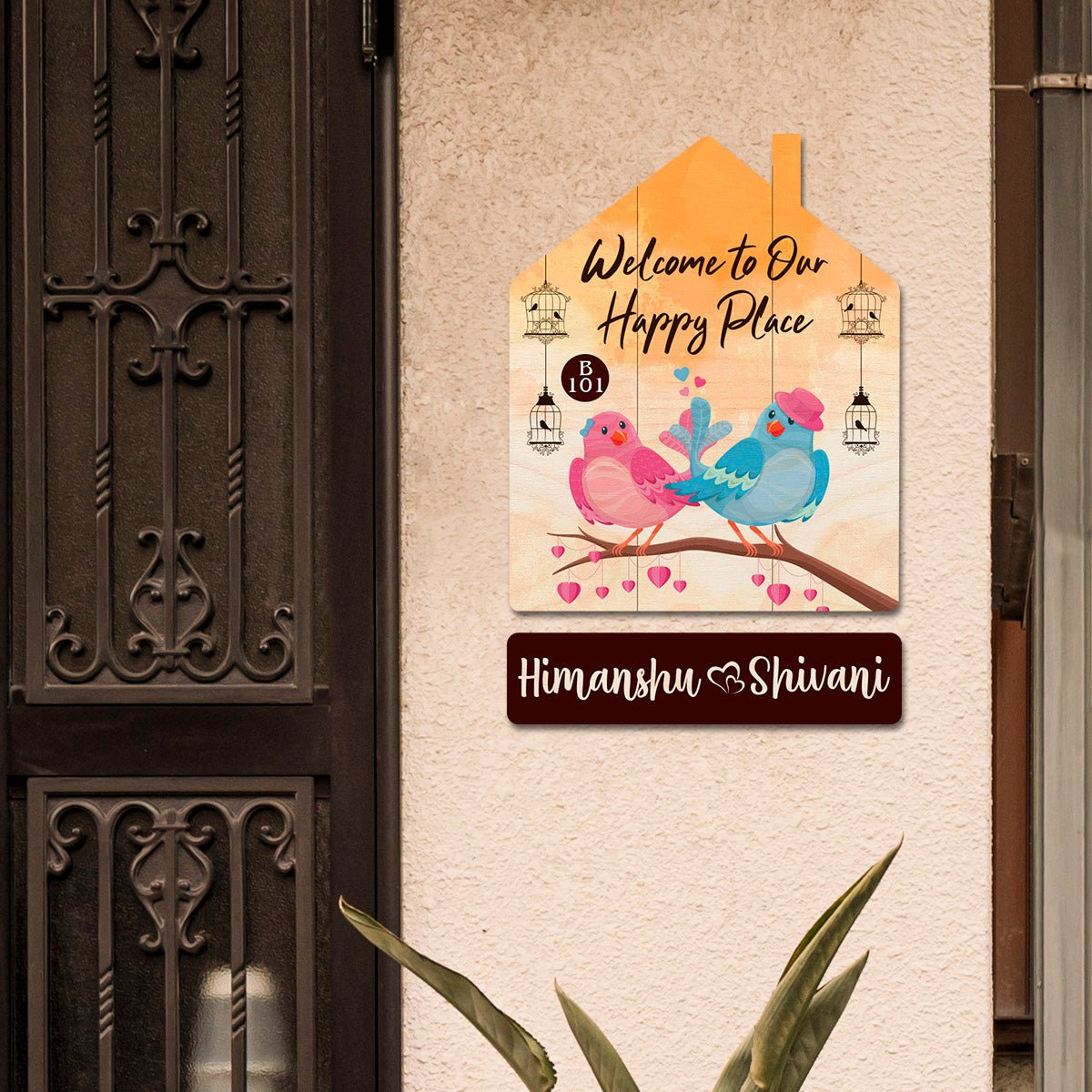 Lovebird Hut Marathi Name Plate with Floral Birds - Sblossom