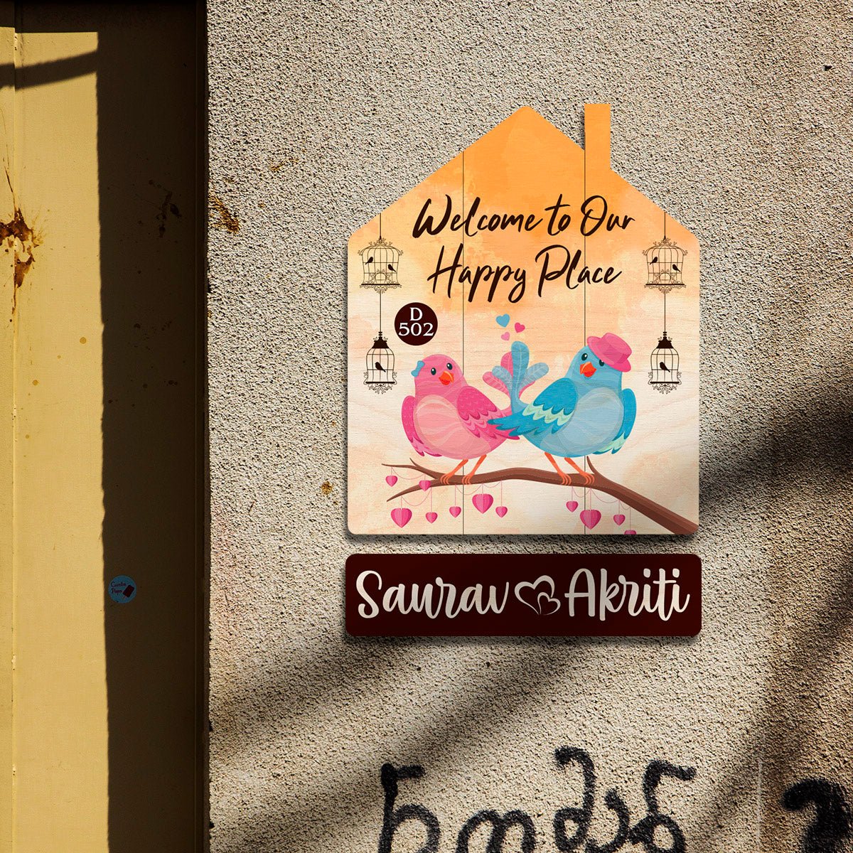 Lovebird Hut Marathi Name Plate with Floral Birds - Sblossom