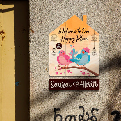 Lovebird Hut Marathi Name Plate with Floral Birds - Sblossom