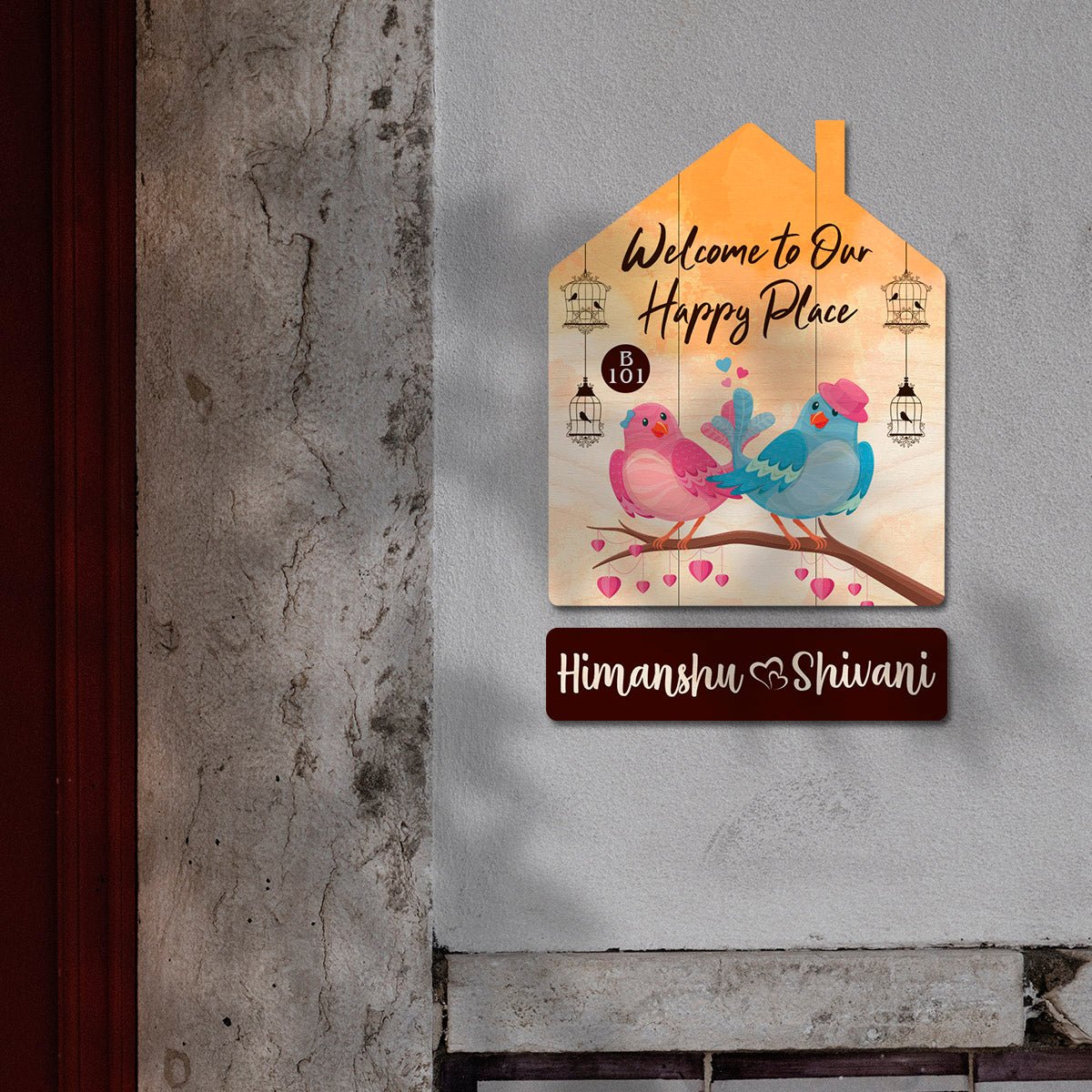 Lovebird Hut Marathi Name Plate with Floral Birds - Sblossom