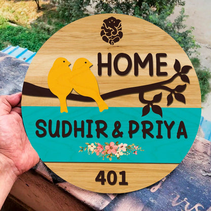 Lovebird-Pair Couple Name Board for Home – Round - Sblossom