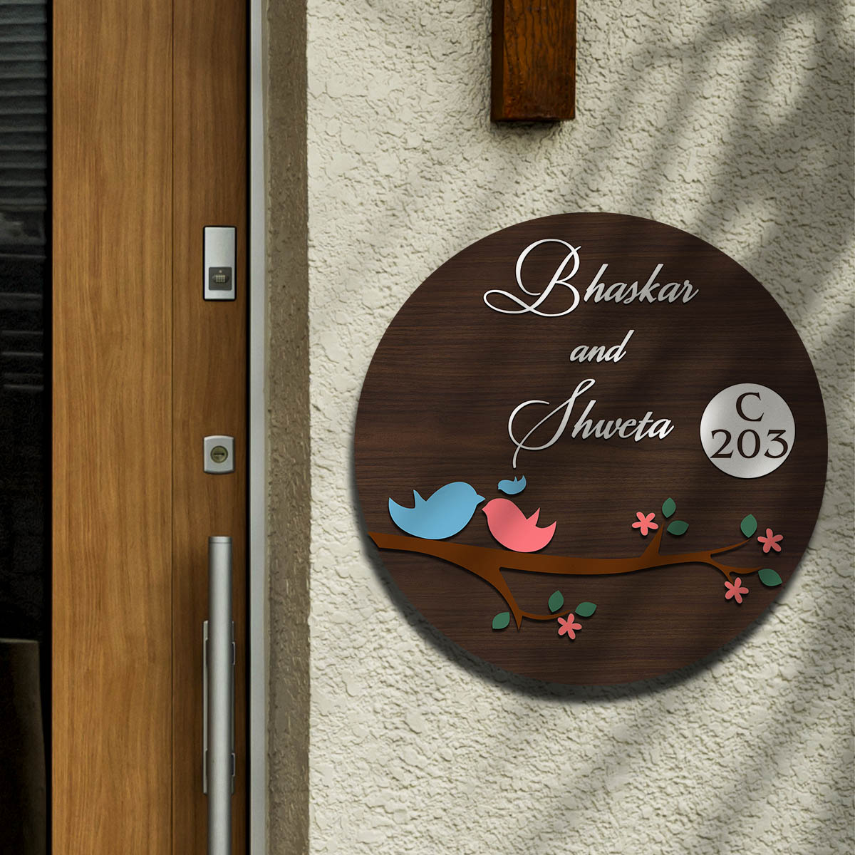 Lovebirds-3D Round Couple Name Plate for Front Door - Sblossom
