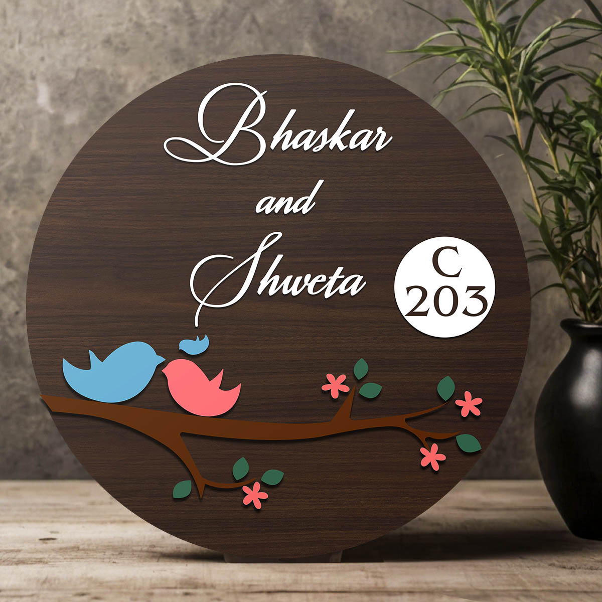 Lovebirds-3D Round Couple Name Plate for Front Door - Sblossom