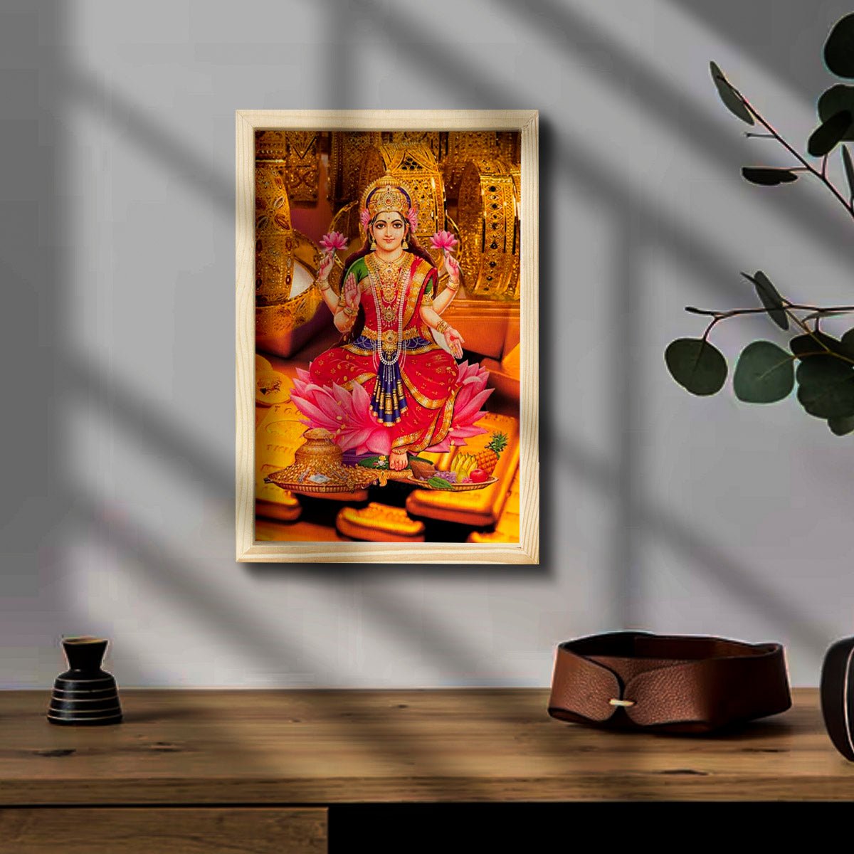 Maa Laxmi Wooden Frame Wall Art with Pine Border Devotional Design - Sblossom