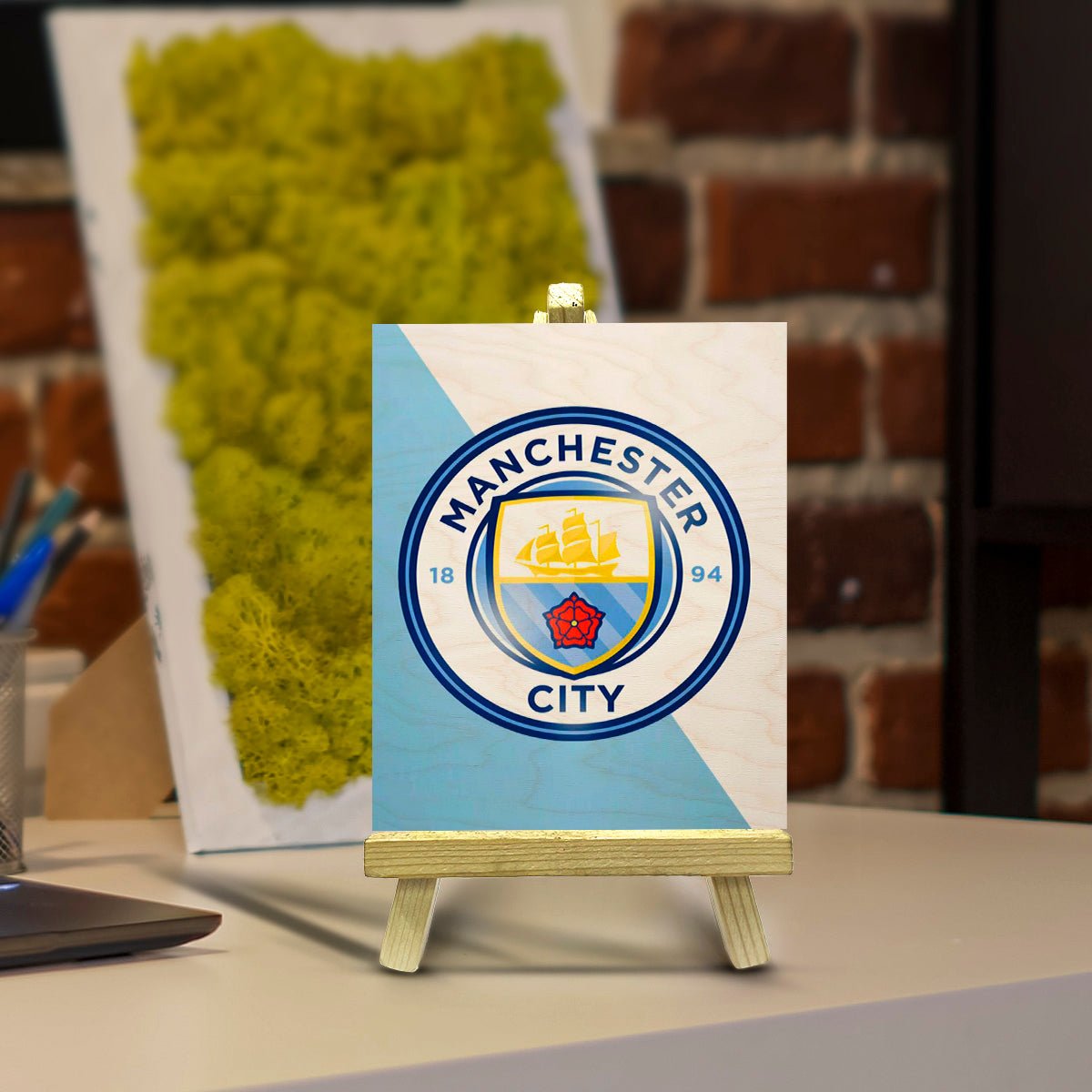 Manchester City Minimalist Wood Print with Stand for Fans - Sblossom