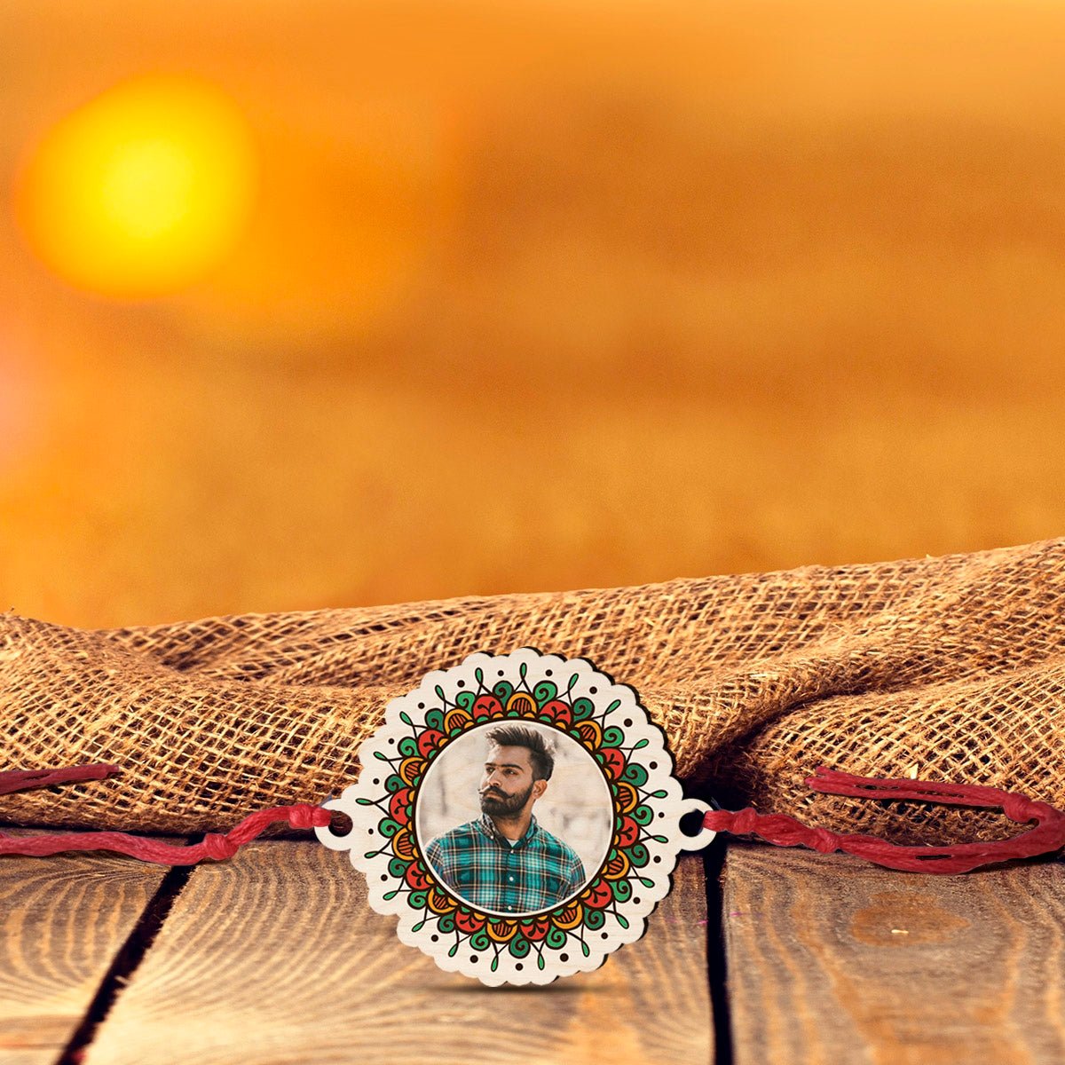 Mandala Photo Rakhi in Wood with Custom Designer Brother Design - Sblossom