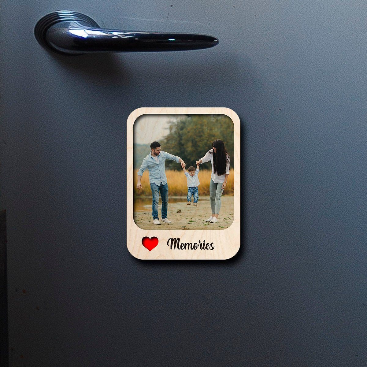 Memories Photo Fridge Magnet in Wood with Cursive Custom Print - Sblossom