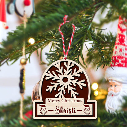Merry Christmas Snowflake Ornament in Wood with Personalized Name - Sblossom