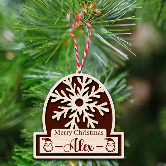 Merry Christmas Snowflake Ornament in Wood with Personalized Name - Sblossom