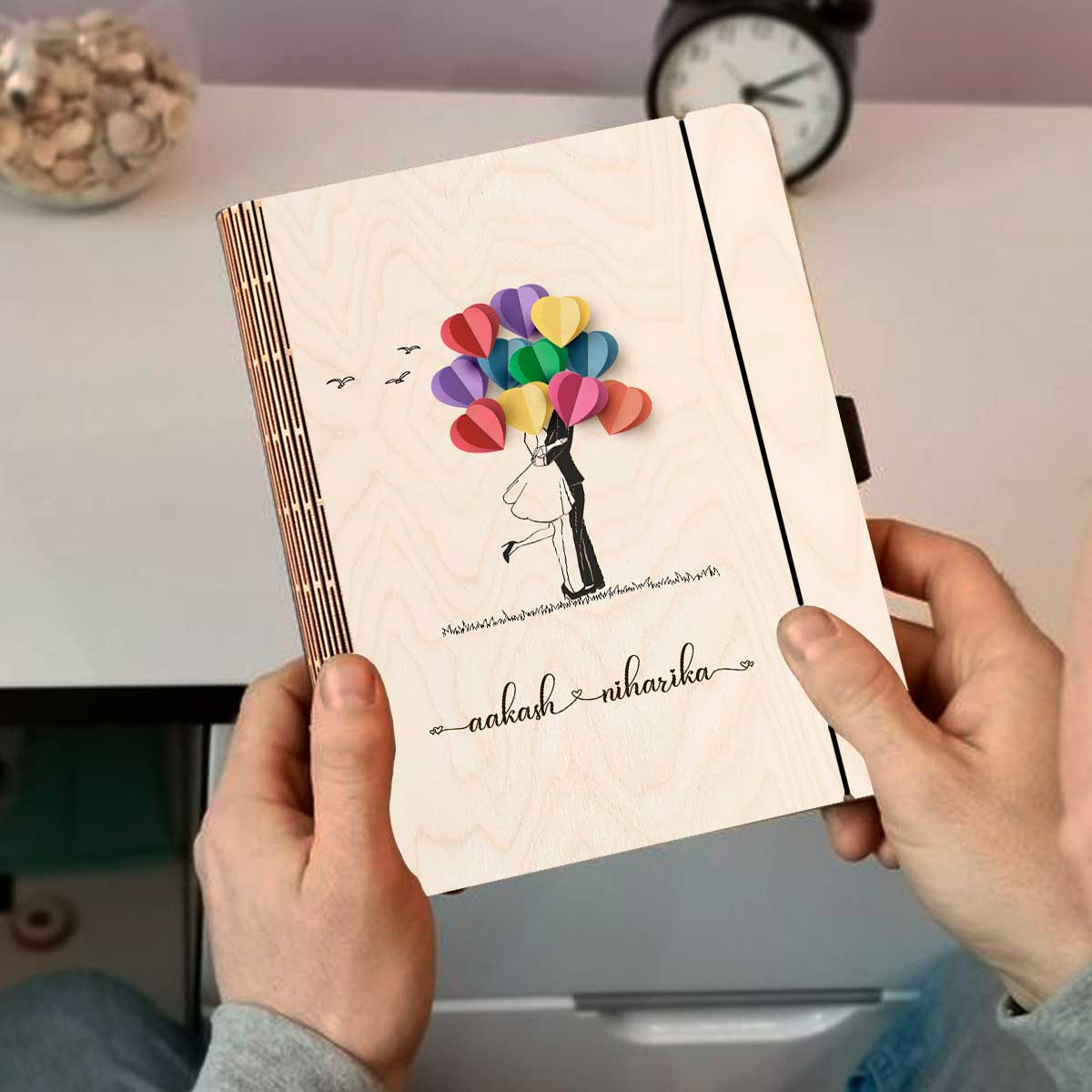 Valentine Couple Notebook in Wood with Personalized Cover Design