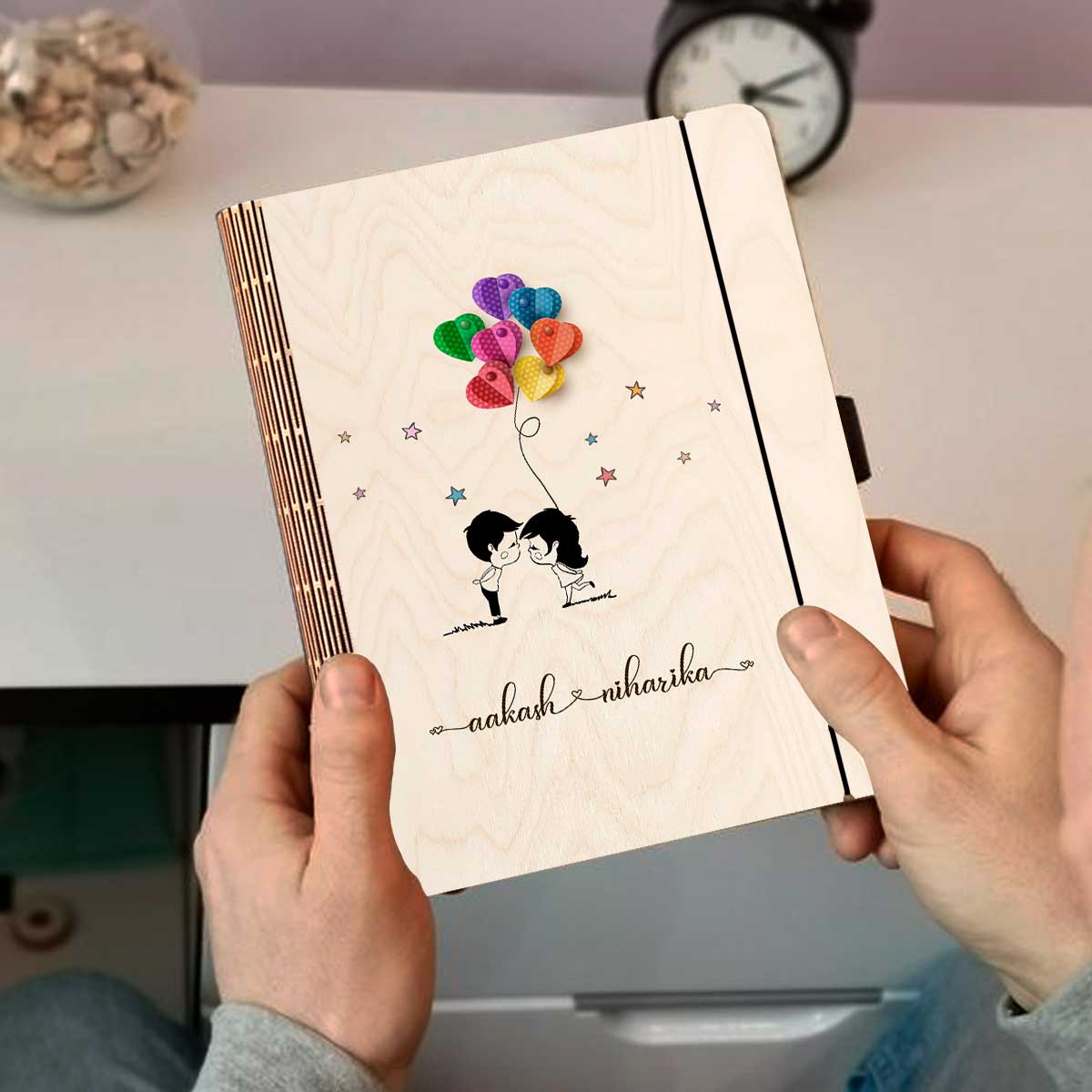 Cute Couple Notebook in Wood with Personalized Balloon Design