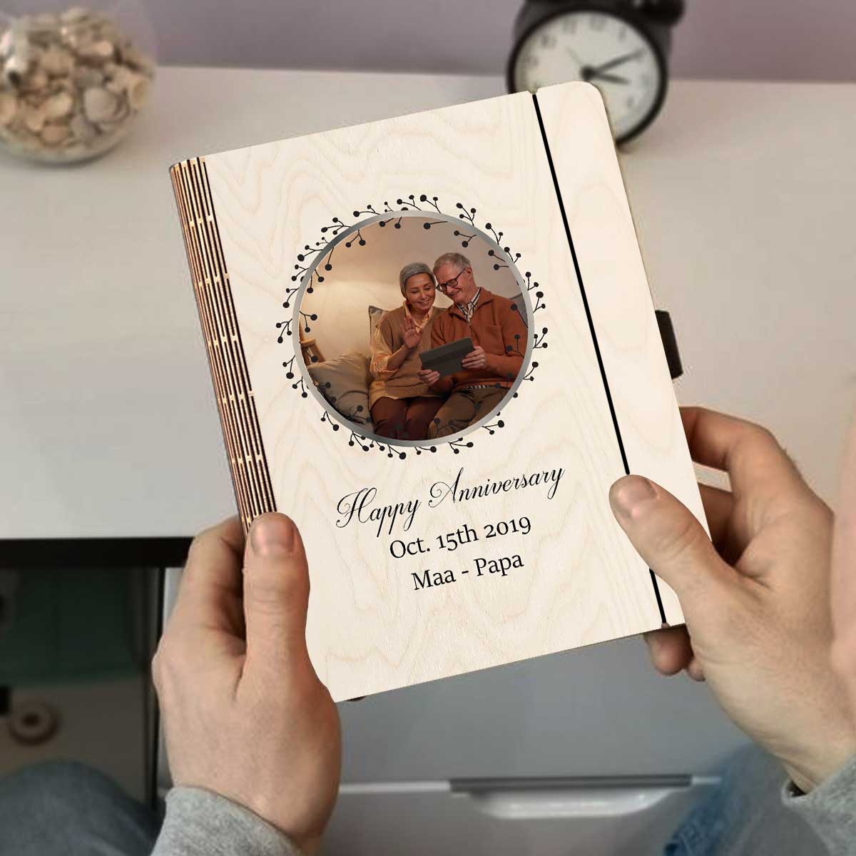 Anniversary Theme Notebook with Wooden Cover Personalized