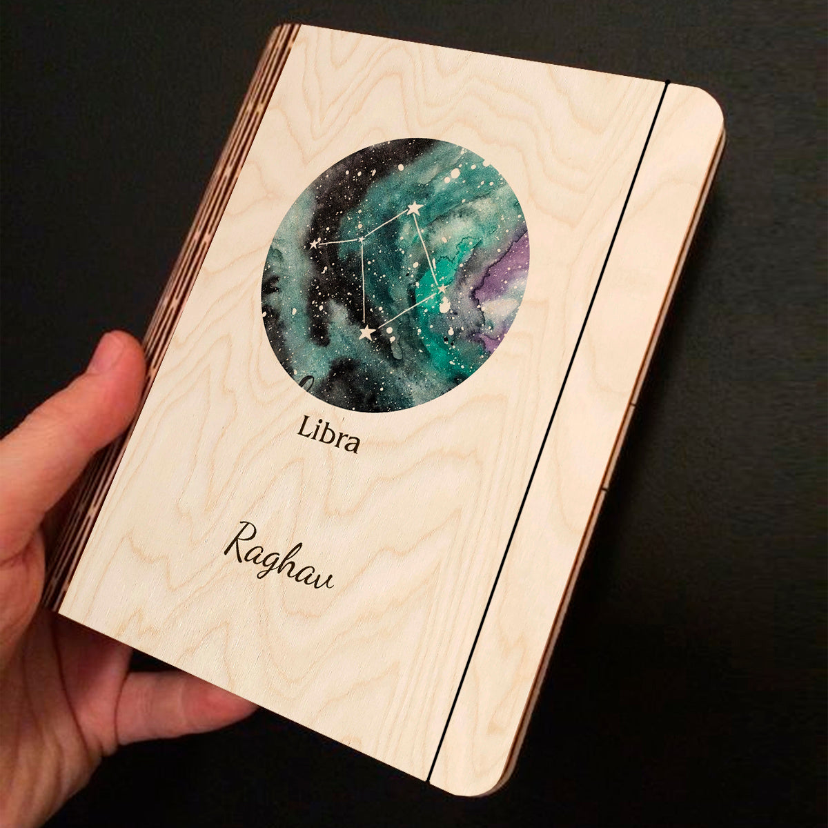 Alternate angle on the personalized diary, showing teal-green nebula with Libra diamond-cluster constellation.