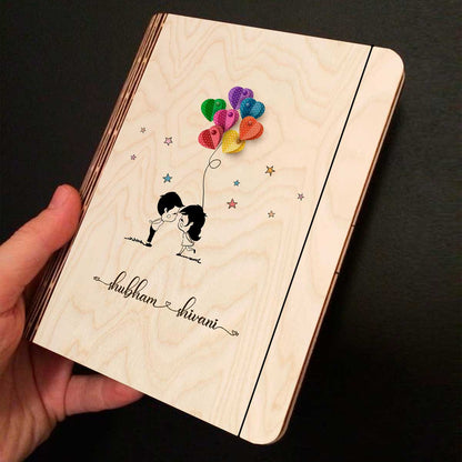Cute Couple Notebook in Wood with Personalized Balloon Design