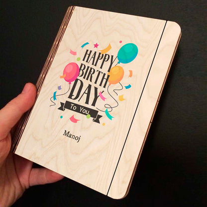 Open spread of the personalized diary, with color-printed balloons + confetti with a custom name slot.