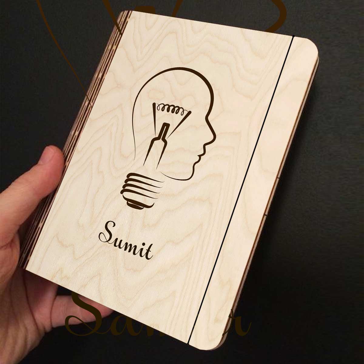 Open spread of the personalized diary, with lightbulb-head silhouette (head profile fused with a bulb).