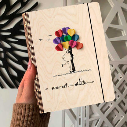 Valentine Couple Notebook in Wood with Personalized Cover Design