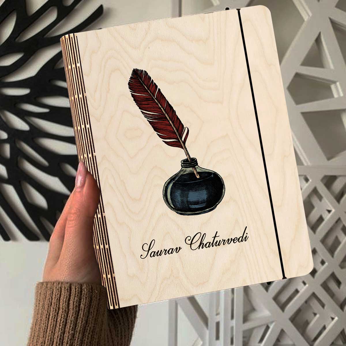 Alternate angle on the personalized diary, showing color-printed quill + navy inkwell illustration with, in birch wood.