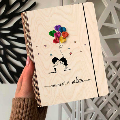 Cute Couple Notebook in Wood with Personalized Balloon Design