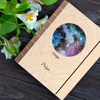 Detail crop on the personalized diary cover, with blue-purple nebula with Virgo constellation and custom name.