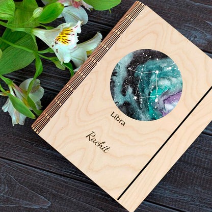 Detail crop on the personalized diary cover, with teal-green nebula with Libra diamond-cluster constellation.