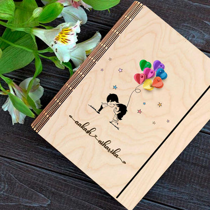 Cute Couple Notebook in Wood with Personalized Balloon Design