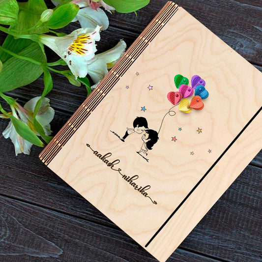 Cute Couple Notebook in Wood with Personalized Balloon Design