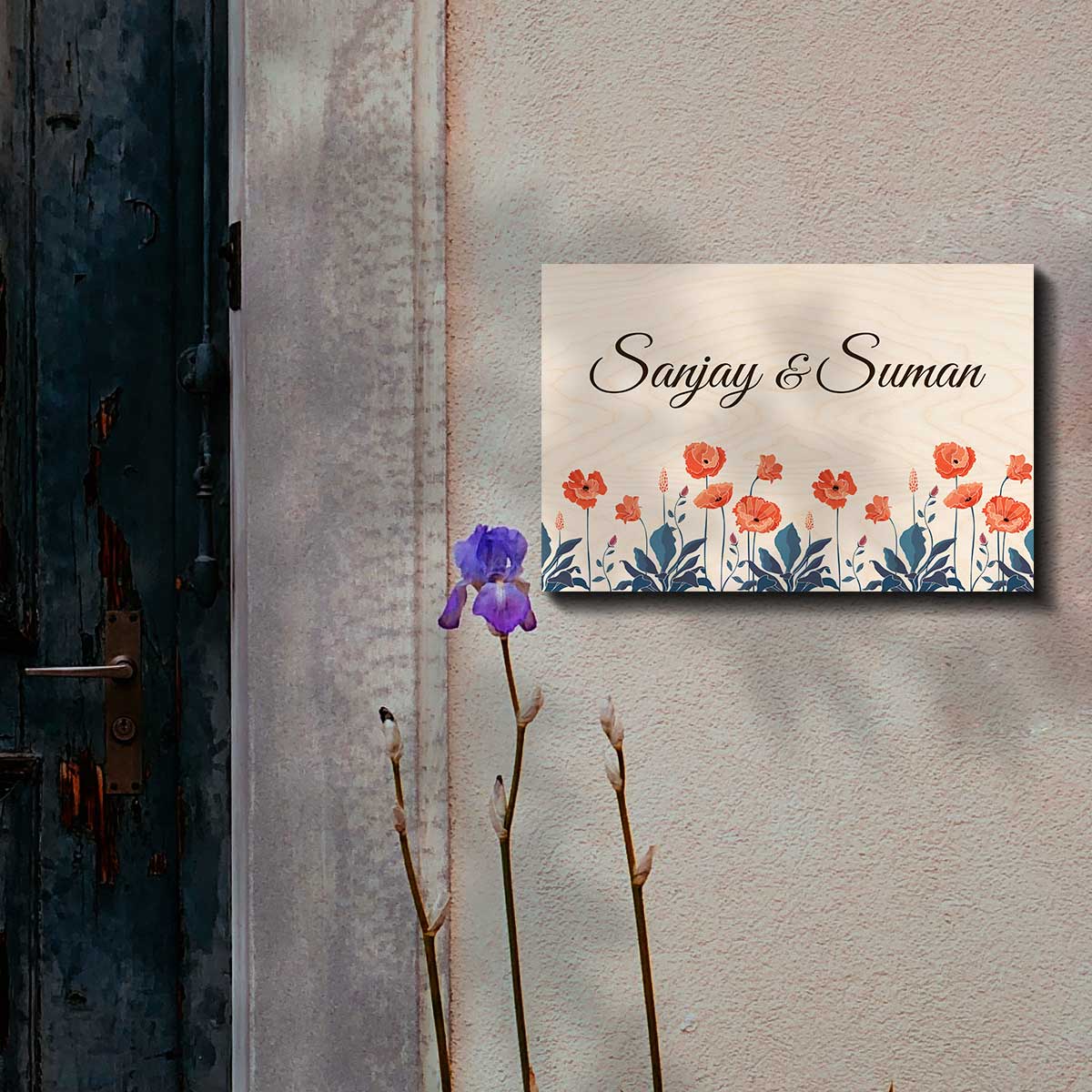poppy flower design couple name plate – birch wood with seamless pink poppy pattern
