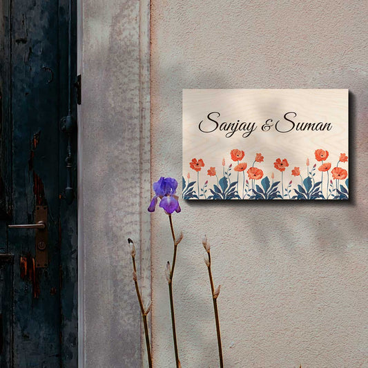 poppy flower design couple name plate – birch wood with seamless pink poppy pattern