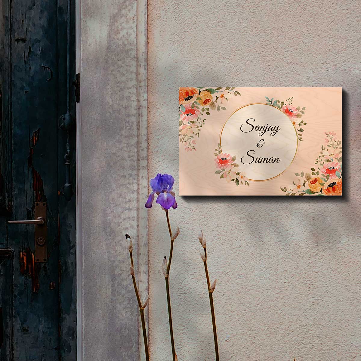 Name board for flat – peach birch with gold circle and orange peach florals around