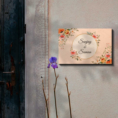 Name board for flat – peach birch with gold circle and orange peach florals around