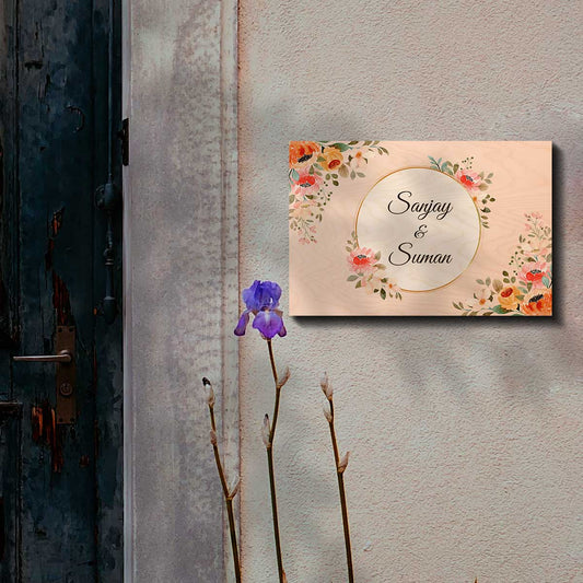 Name board for flat – peach birch with gold circle and orange peach florals around