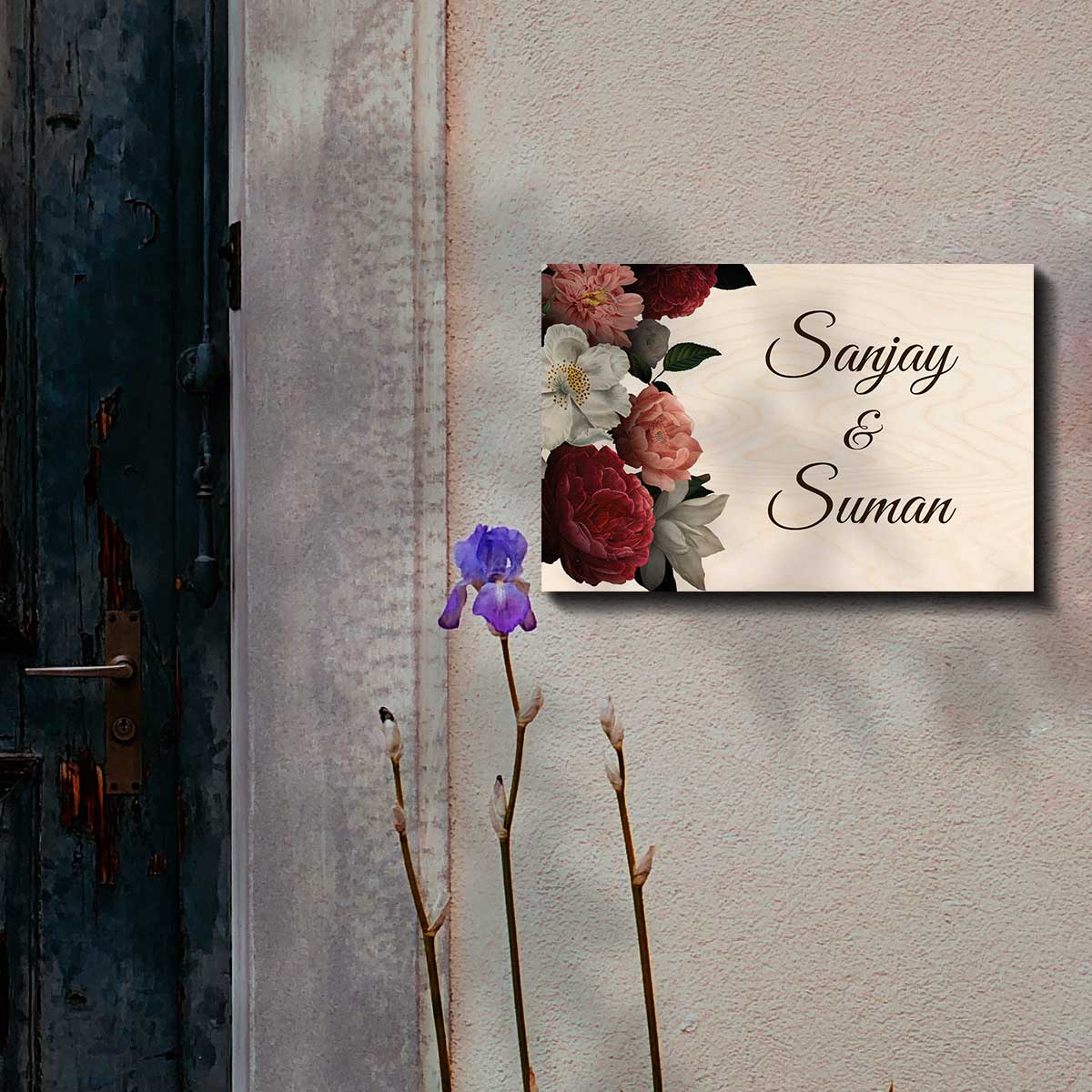 peony name plate design entrance – matte printed birch wood botanical florals