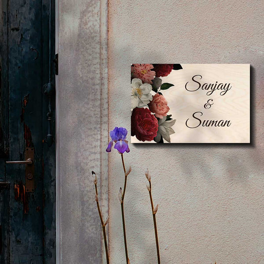 peony name plate design entrance – matte printed birch wood botanical florals
